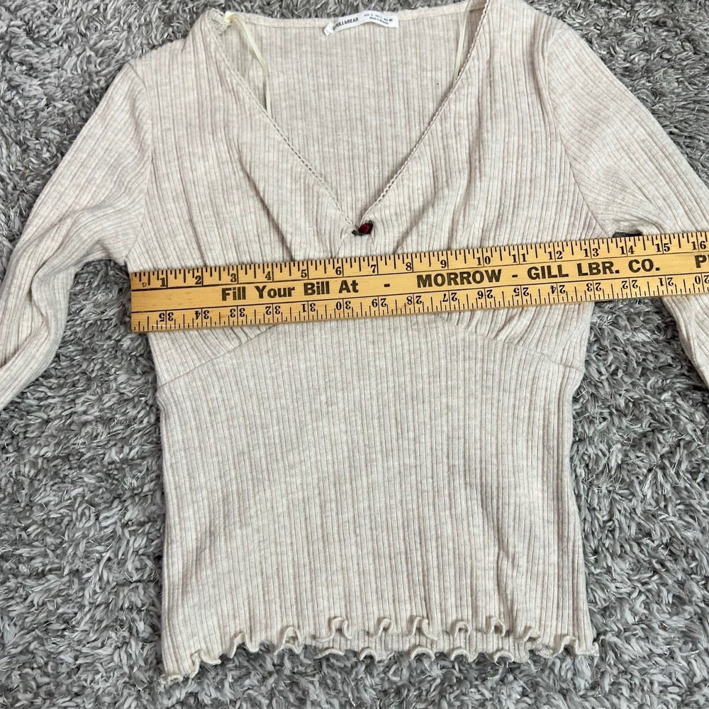 Pull & Bear Ribbed Beige S Top Lettuce Hem Long Sleeve Coquette Balletcore Rose - Picture 8 of 9
